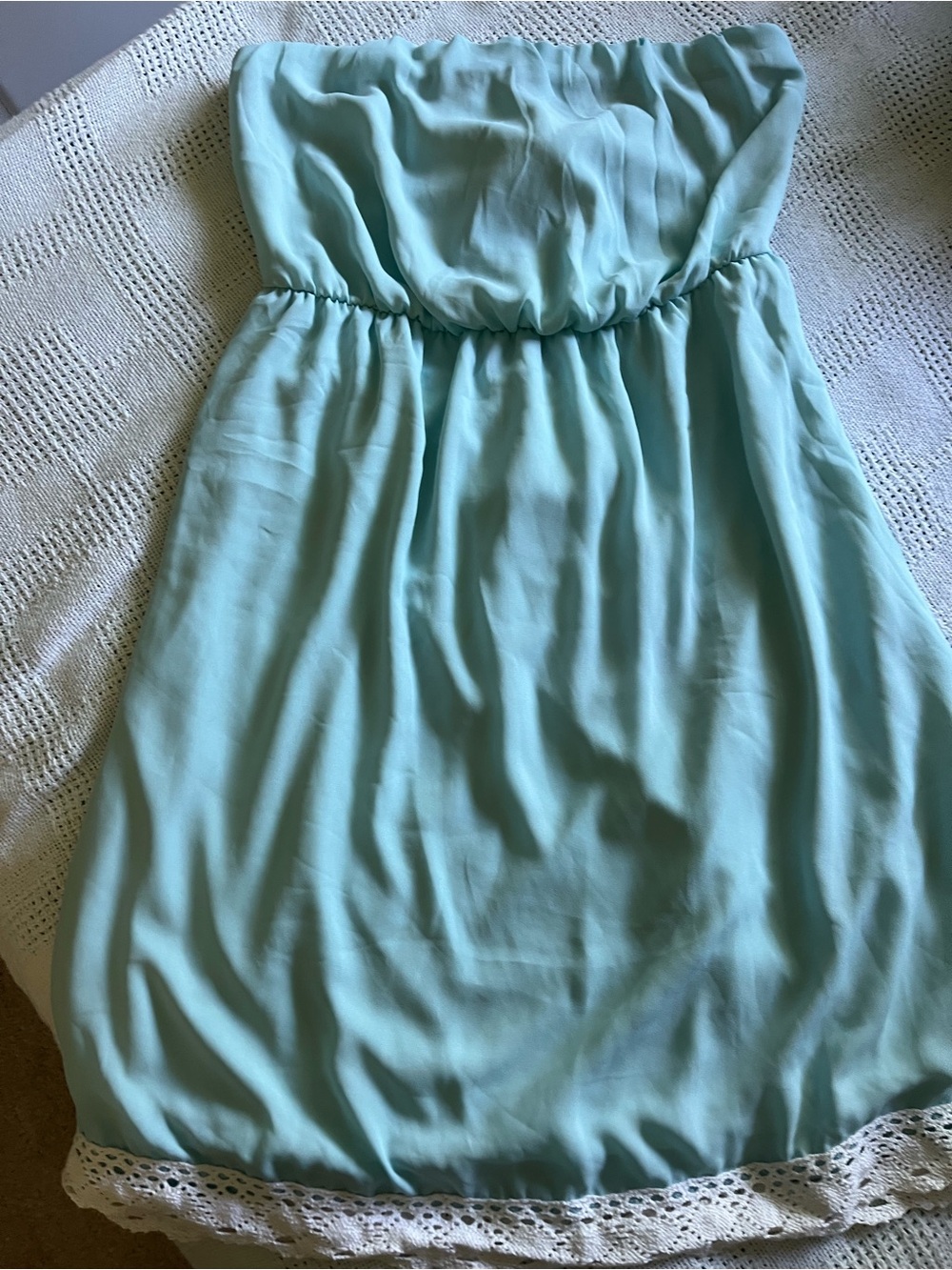Carolina-blue Minidress, Strapless + Handkerchief-tie Back + Crochet Hem